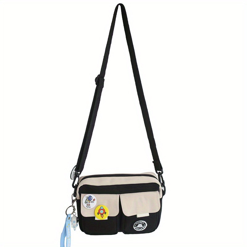 1pc Stylish Men's Campus Square Crossbody Bag - Shoulder Bags with Nylon Fabric, Fashion Badge, and Pendant - Perfect for Daily Use