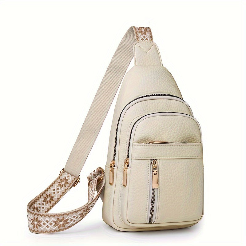 1pc, Women's Retro Casual Chest Bag, Crossbody Sling Shoulder Purse, Multiple Pockets, Solid Color, Zipper Closure, Fashionable Spacious Occasion Bag, PU Material