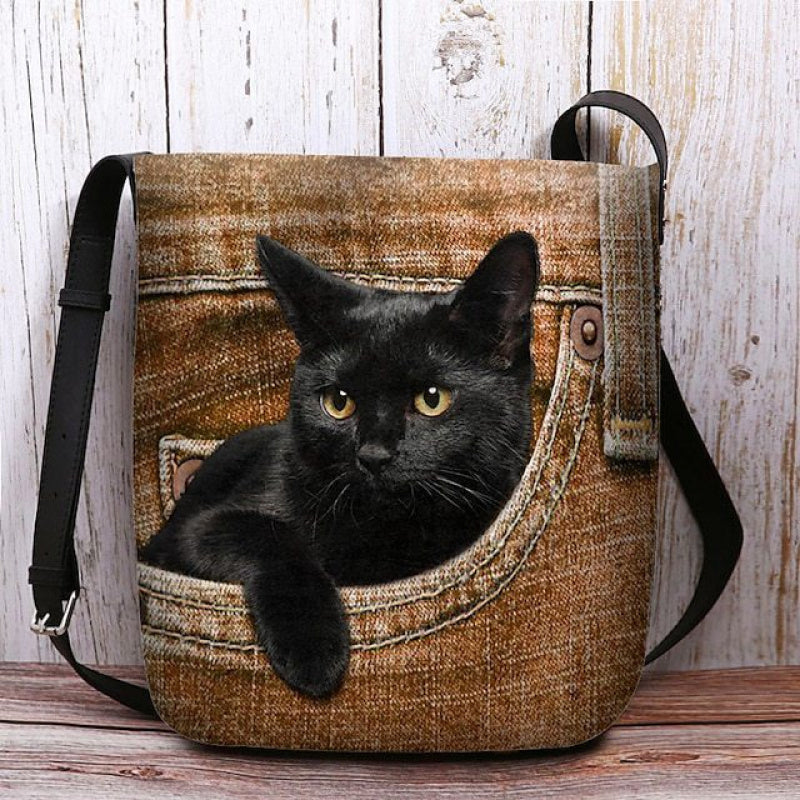 1pc Women's -Style Cat Peeking Pocket Crossbody Bag - Lightweight Polyester Adjustable Strap Shoulder Bag with Magnetic Closure, Light Blue/Red for Everyday Casual Outings