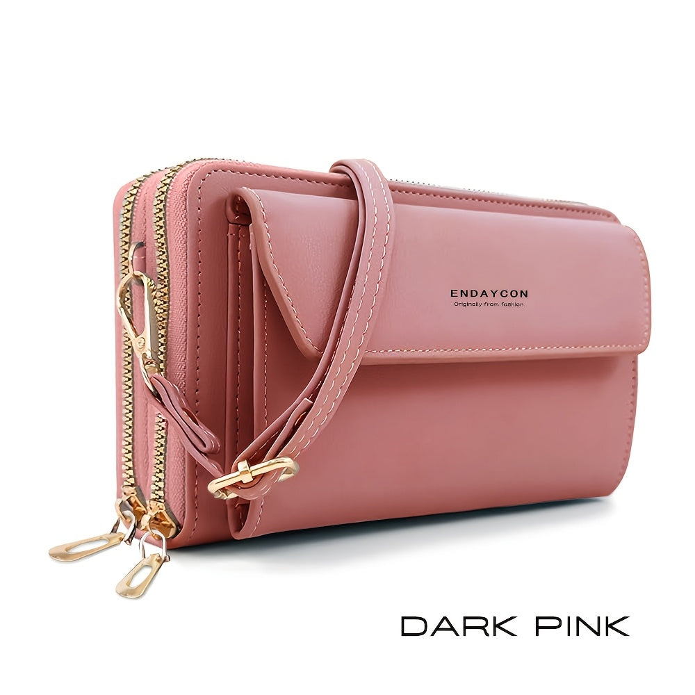 1pc Women's Fashionable Synthetic Leather Crossbody Bag, Large Capacity Multi-Functional Shoulder Purse with Adjustable Strap, Double Zipper Card Holder for Outdoor Shopping and Travel, Wet Wipe Clean, Non-Textile Weaving Method, Polyester Lined, Compact