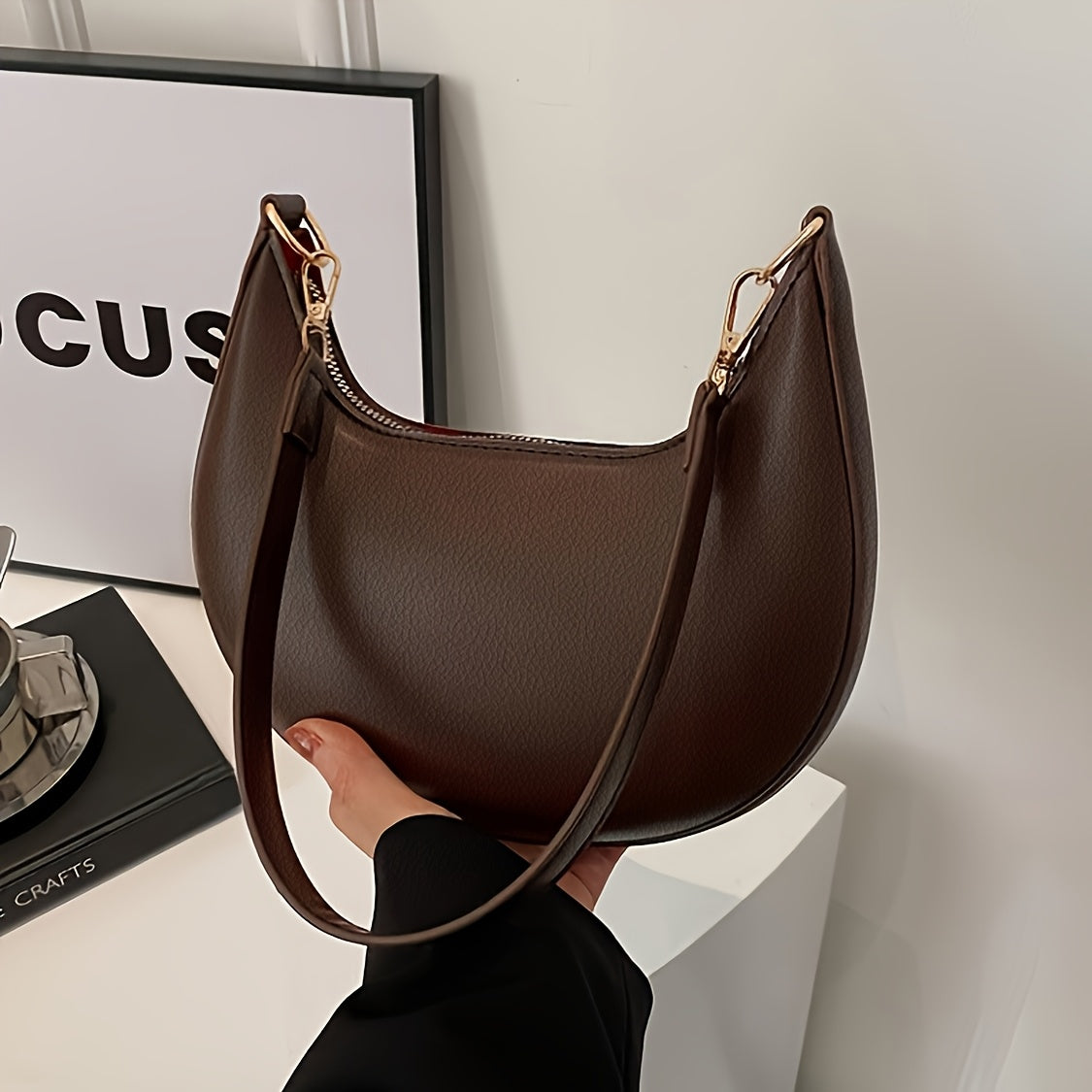 1pc Women's Luxury Crescent Crossbody Bag with Detachable Adjustable Strap, Magnetic Closure & Golden-Tone Hardware - Shoulder Purse for Casual or Formal Occasions (Coffee Brown/White/Red/Black), Crossbody Purse, Evening Accessory, Polyester Lined Interio