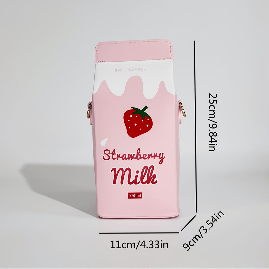 Strawberry Milk Carton Crossbody Bag - Cute Pink PU Shoulder Bag with Adjustable Strap, Zipper Closure, and Playful Cow Print Design for Travel & Everyday Use, Cow Print Purse