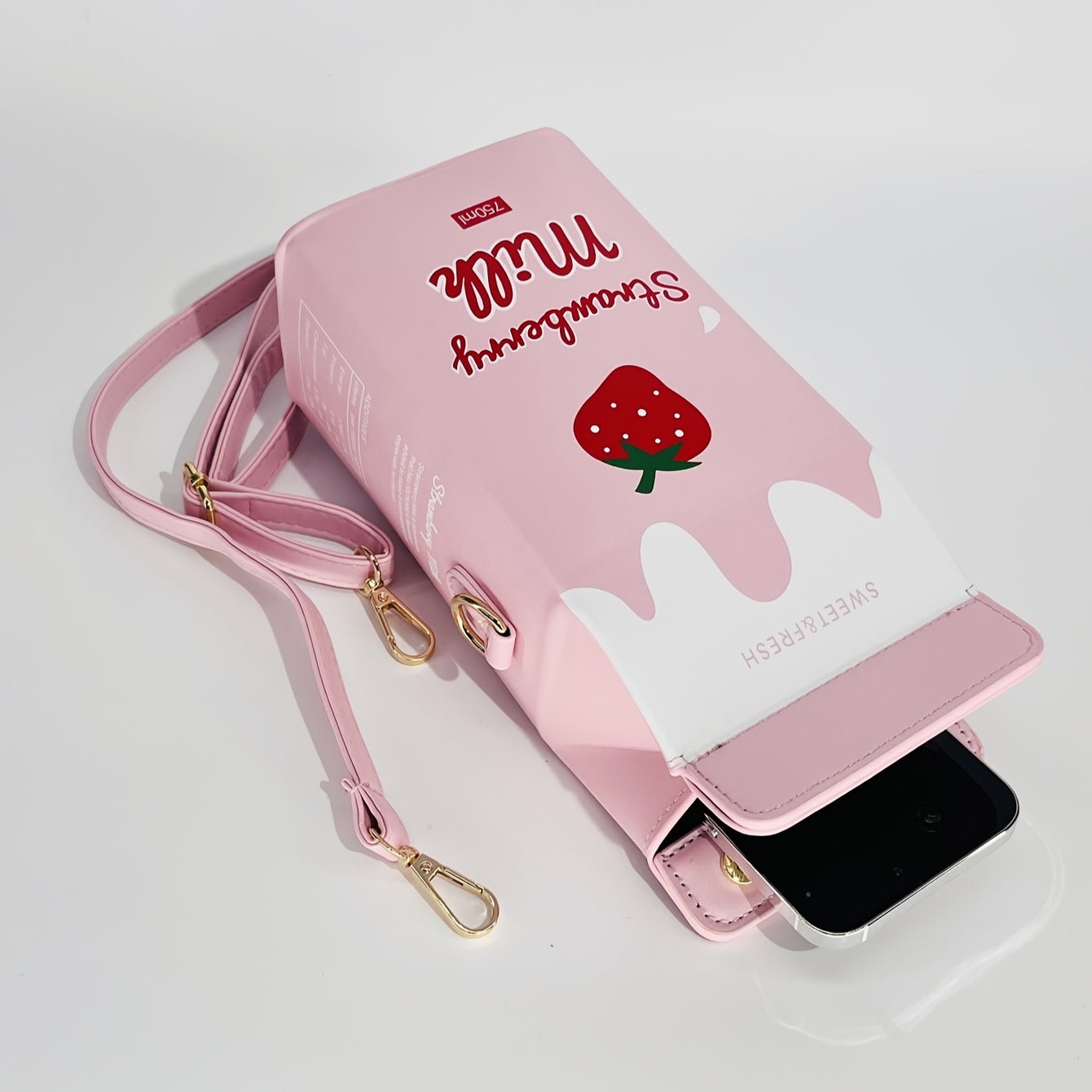 Strawberry Milk Carton Crossbody Bag - Cute Pink PU Shoulder Bag with Adjustable Strap, Zipper Closure, and Playful Cow Print Design for Travel & Everyday Use, Cow Print Purse
