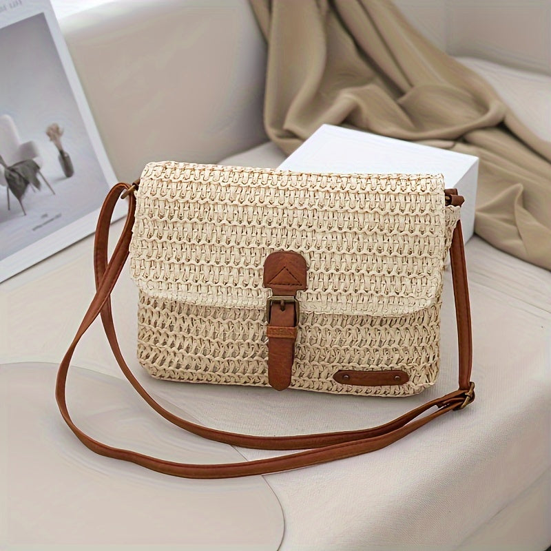2024 Vintage Woven Crossbody Bag for Women - Braided Fabric Beach Bag with -Like Accents, Casual Summer Travel Bag in Deep Brown &, Polyester Lining & Easy-Access Zipper