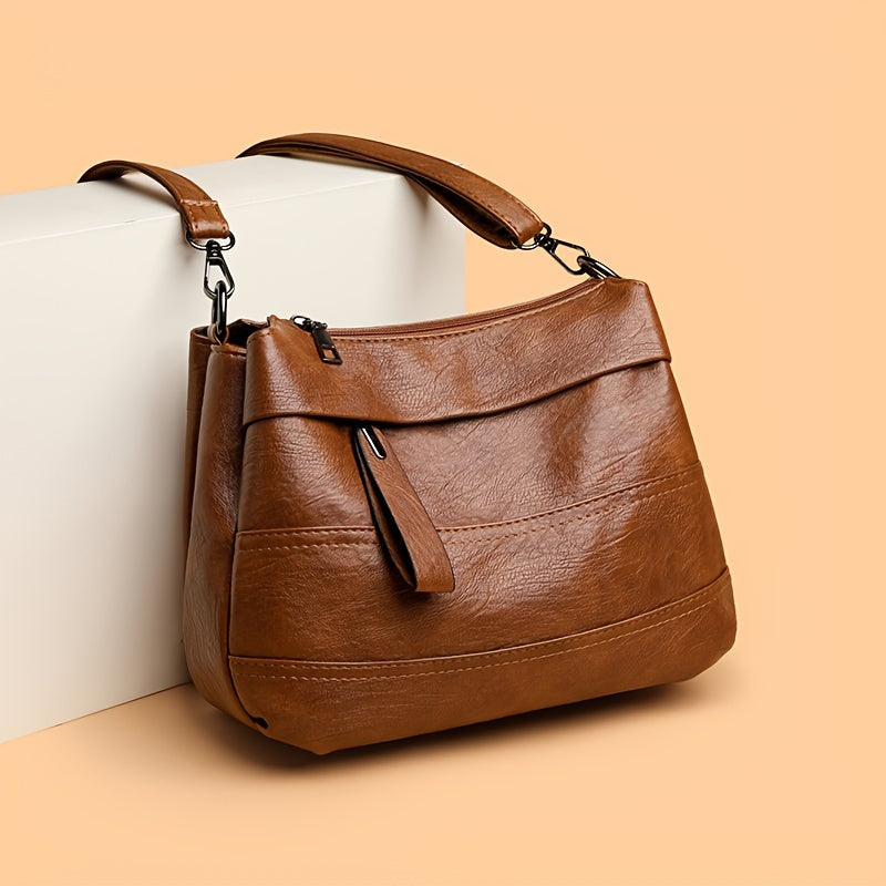 1pc Vintage Women's Shoulder Crossbody Bag - Lightweight Adjustable Strap, Large Capacity, Zipper Closure, Polyester Lining, Solid Color (Light Brown/Red/Black) for Daily Use & Casual Outings