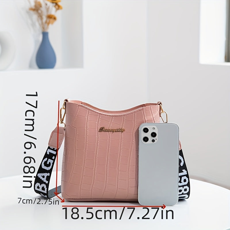 Stylish Crocodile Pattern Crossbody Bag with Golden-Tone Hardware & Black Letter Strap - Versatile Synthetic Leather Shoulder Bag in White, Pink, Green, Yellow, or Black - Trendy Minimalist Design for Everyday Use, Everyday Shoulder Bag | Trendy Crocodile