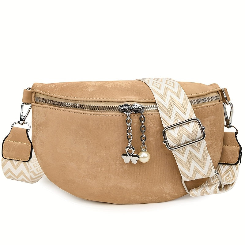 1pc Women&Apos;S Bohemian Crossbody Bag with Adjustable Strap, Zipper Closure & Beaded Detail - Large Capacity Casual Chest Bag in Blue/Khaki/Brown/Beige, Synthetic Faux Leather, Polyester Lining, Perfect for Everyday Use Or Holiday Gifts, Crossbody Purse