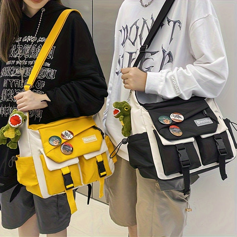 1pc Men's Casual Japanese Style Nylon Crossbody Backpack - Adjustable Shoulder Straps, Large Capacity with Multiple Pockets, Durable Black Daypack for School, Sports & Travel, Travel Backpack, Playful Decor Accents, Secure Zipper Closure, Outdoor Gear, Ur