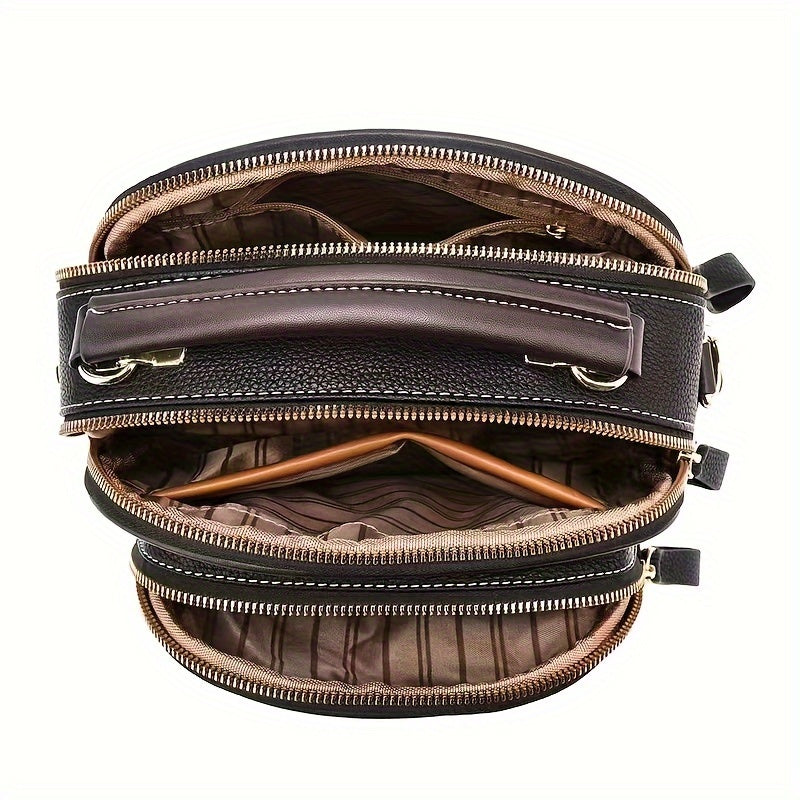1pc Fashionable Round Crossbody Bag for Women, Multi-Layer Large Capacity, Solid Color Shoulder Handbag with Zipper Closure and Polyester Lining, Versatile 2024 New Arrival