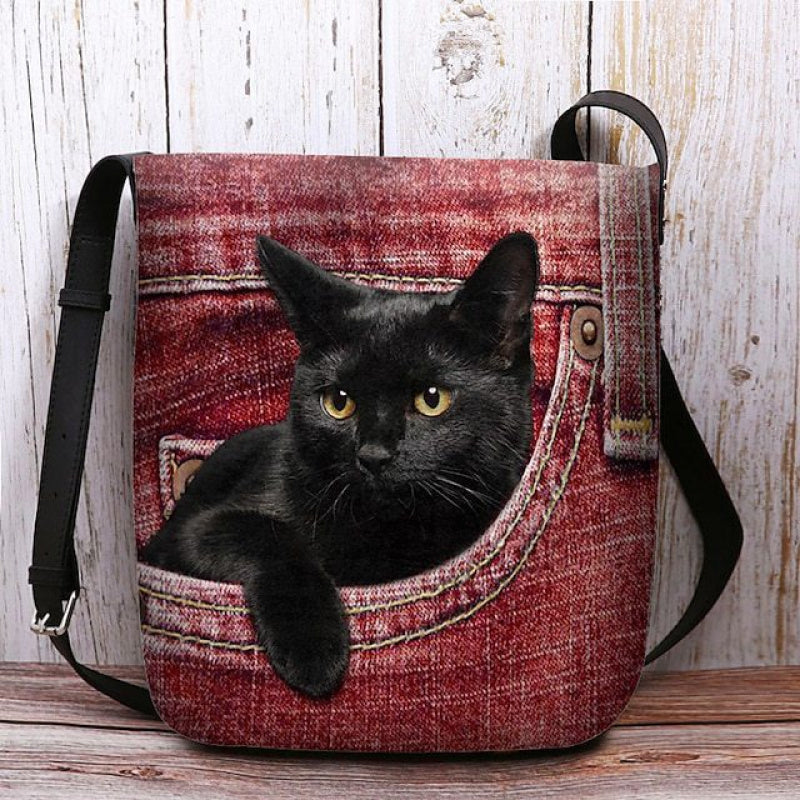 1pc Women's -Style Cat Peeking Pocket Crossbody Bag - Lightweight Polyester Adjustable Strap Shoulder Bag with Magnetic Closure, Light Blue/Red for Everyday Casual Outings