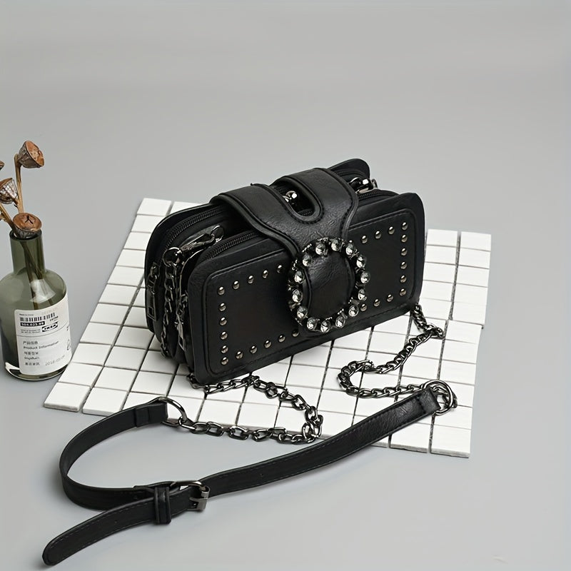 [Studded Crossbody Decor Bag] Retro Studded Decor Crossbody Bag, Women's Small Chain Shoulder Bag, Luxury Buckle Decor Square Purse
