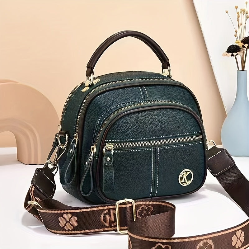 1pc Fashionable Round Crossbody Bag for Women, Multi-Layer Large Capacity, Solid Color Shoulder Handbag with Zipper Closure and Polyester Lining, Versatile 2024 New Arrival