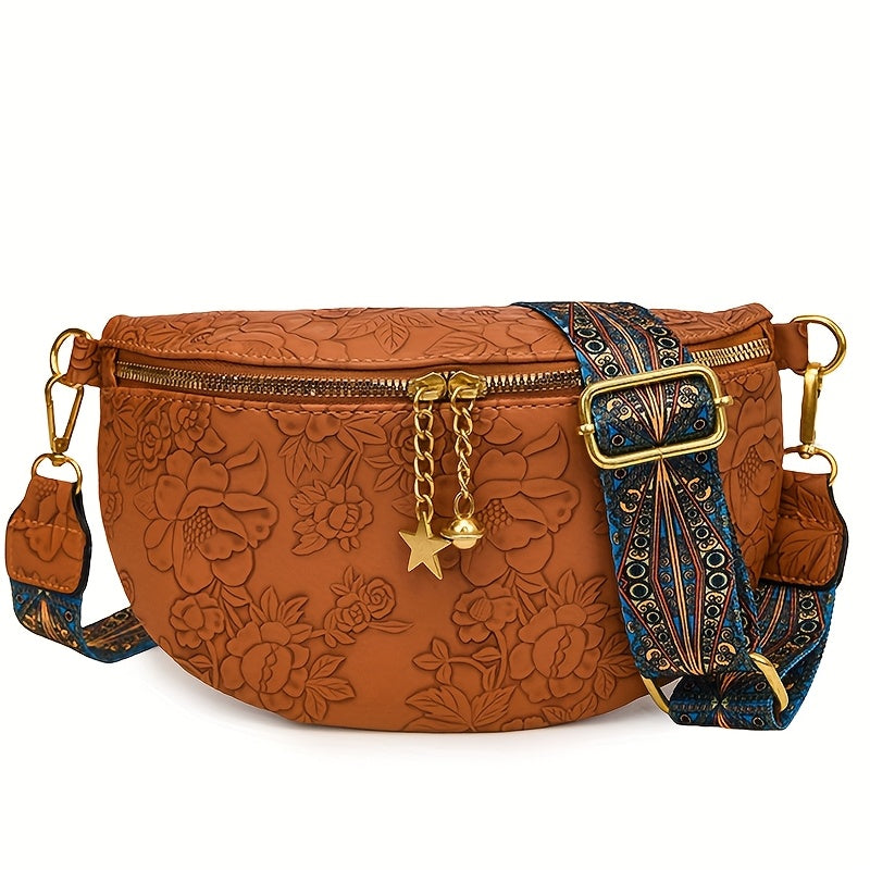 1pc Women&Apos;S Bohemian Crossbody Bag with Adjustable Strap, Zipper Closure & Beaded Detail - Large Capacity Casual Chest Bag in Blue/Khaki/Brown/Beige, Synthetic Faux Leather, Polyester Lining, Perfect for Everyday Use Or Holiday Gifts, Crossbody Purse