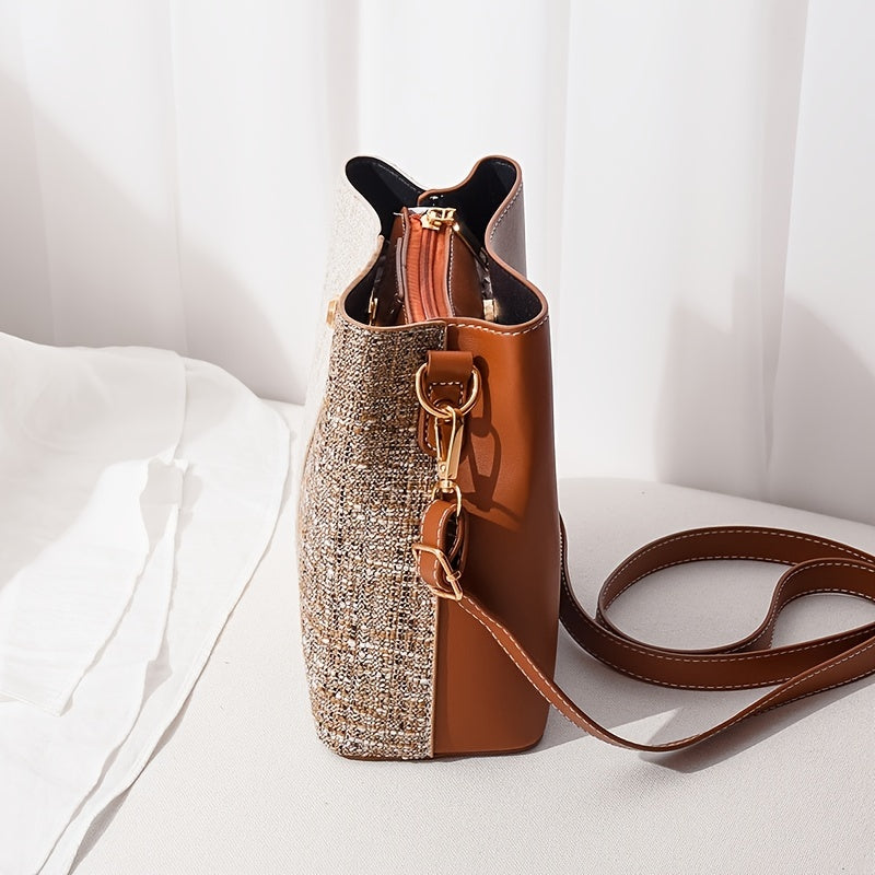 1pc Women's Two-Tone Synthetic Synthetic Leather Crossbody Bucket Bag with Detachable Strap & Zipper Closure - Elegant Textured Design for Work, Commute, - Red/Blue/Black, Small Crossbody Bag, Work Accessory, Modern Bucket Bag, Metallic Buckle Strap