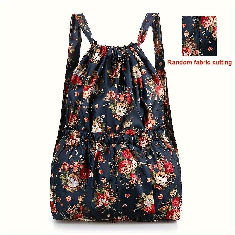 1pc Floral Print Nylon Drawstring Backpack - Lightweight Travel & Sports Rucksack with Shoulder Straps, Vibrant Geometric Design, Multiple Compartments for Women, Pink, Travel Backpack